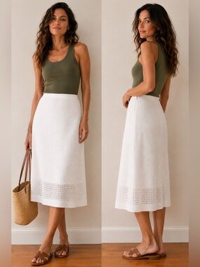 SET White Eyelet Cotton A-Line Midi Skirt, Lined - Summer - EU 40 US 6